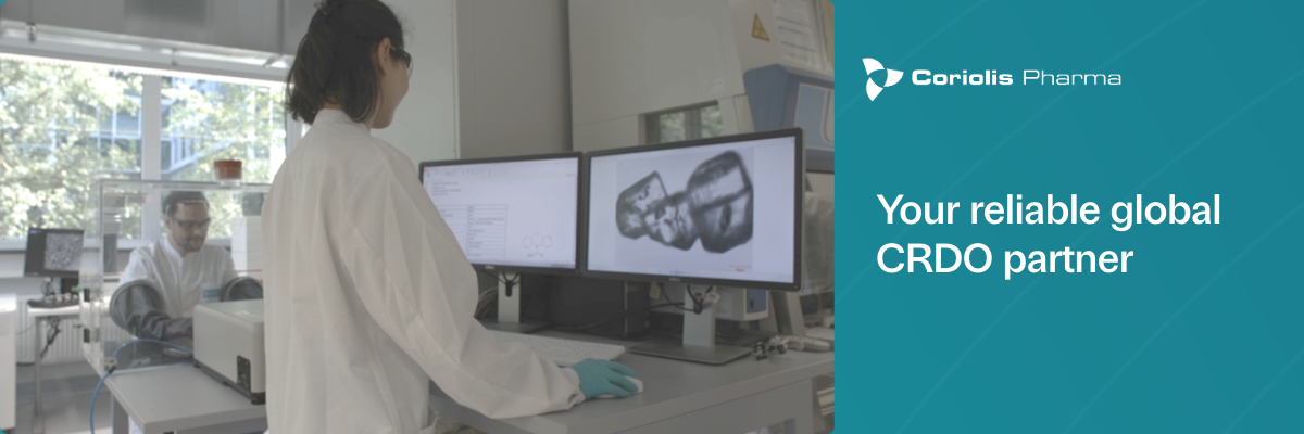 Scientist working in the laboratory and Coriolis banner stating that Coriolis is your reliable global CRDO partner.